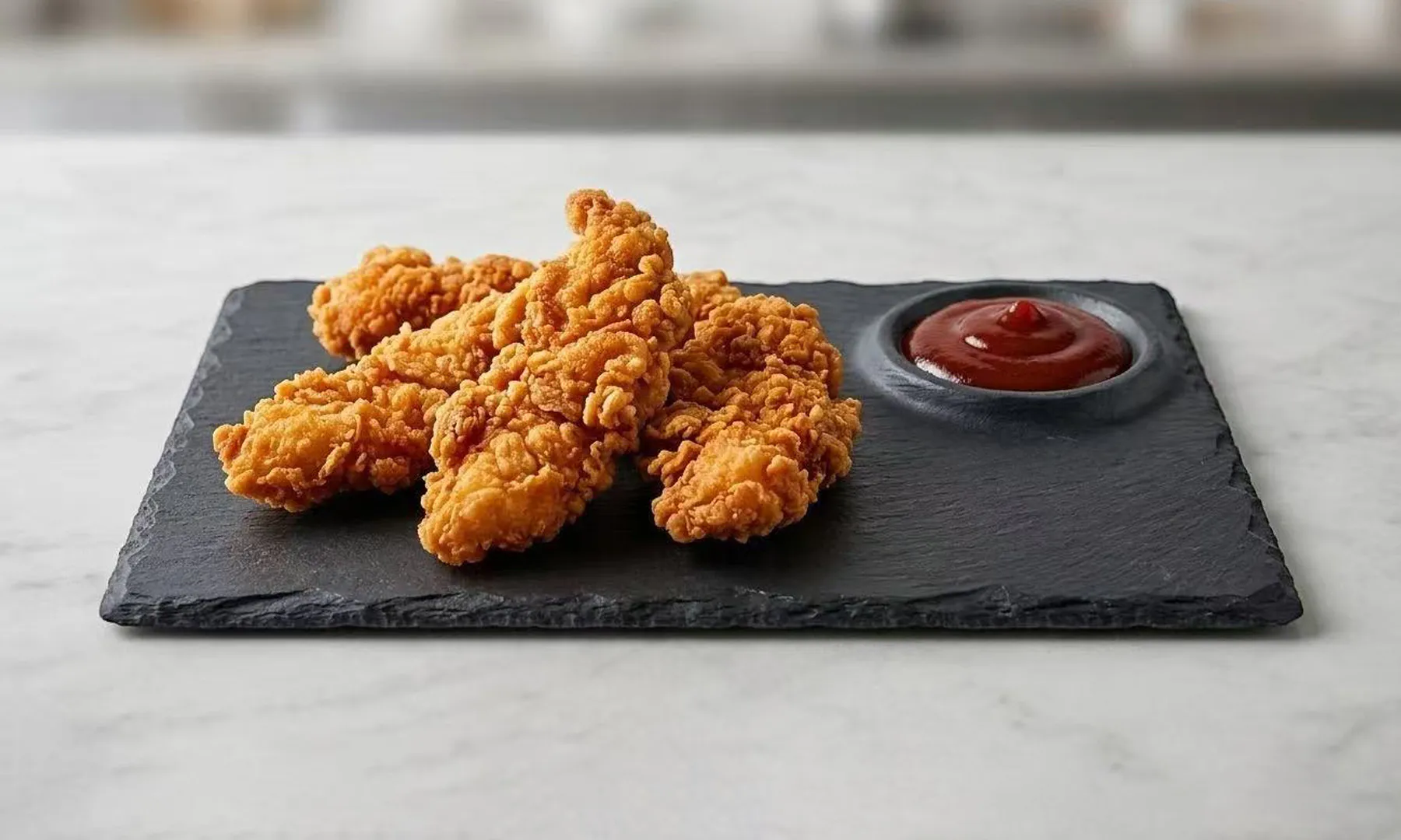 Crispy fried chicken tenders with ketchup on a black slate board